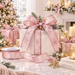 Decoratiune de Craciun, Panglica decorativa cu fulgi și glitter, roz, 4,3cm * 9m - imagine 2