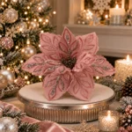 Decoratiune brad, floare Craciunita artificiala catifea si glitter, piersica,  Ø26cm - imagine 2