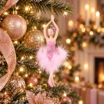 Decoratiune Craciun, Balerina Glob cu Puf, Roz, 17cm - imagine 2