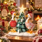 Decoratiune Craciun din rasina, doua gaste cu brad de Craciun, 15cm - imagine 3