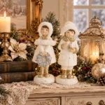 Decoratiune Craciun, Copil cu lumanare sau coronita, alb-auriu, 14 cm - imagine 2