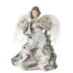 Decoratiune Craciun-Ingeras ceramica cu aripi de puf, argintiu, 30 cm