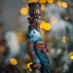 Suport de lumanare Papagal, maro cu albastru, 42 cm - imagine 3