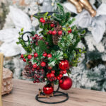 Decoratiune Craciun, Suport de lumanare cu crengute de brad verde cu rosu, 33 cm - imagine 2
