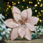 Decoratiune Craciun, Floare din catifea roz cu glitter auriu, 28 cm - imagine 2