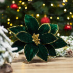 Decoratiune Craciun, Floare din catifea verde cu glitter auriu, 28 cm - imagine 2