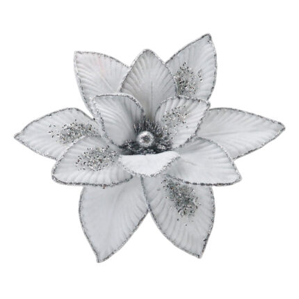 Floare decorativa din catifea alba cu glitter