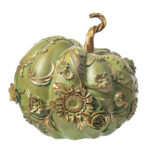 Decoratiune Dovleac cu model floral, verde cu auriu, 25 cm