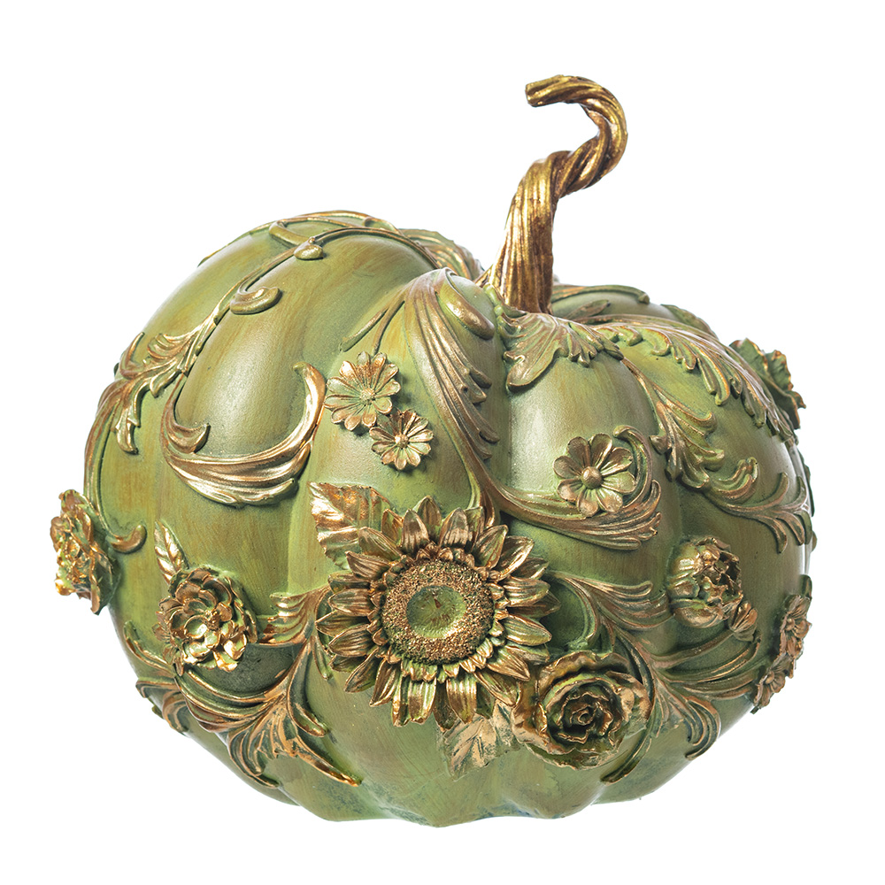 _ARK3557 Decoratiune Dovleac cu model floral, verde cu auriu, 25 cm - imagine 1