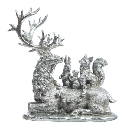 Figurina Cerb in sezut cu animale, argintiu, 33 cm