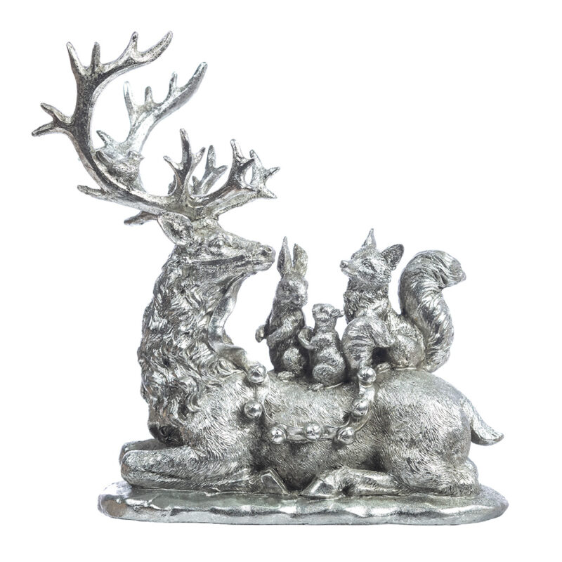 Figurina Cerb in sezut cu animale, argintiu, 33 cm