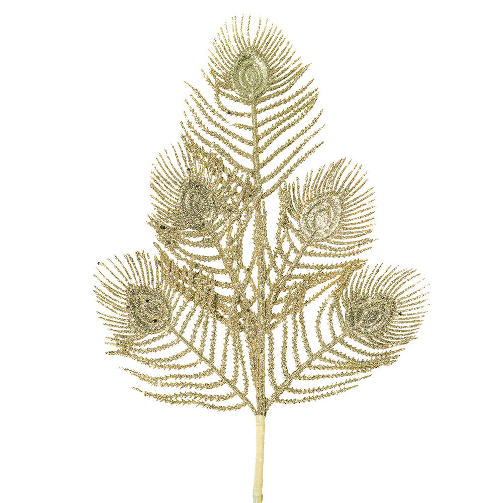 _EEE1423-Edit Decoratiune Craciun, Crenguta pene de paun auriu sampanie, 55 cm - imagine 1
