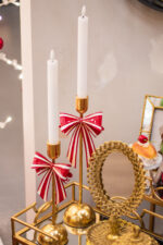 Decoratiune Craciun, Suport de lumanare cu fundita, 27 cm, auriu cu rosu - imagine 3