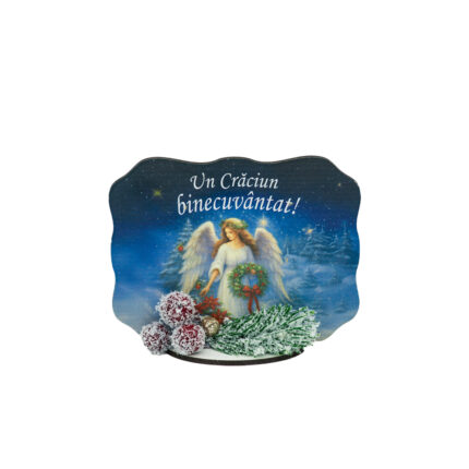 Decoratiune Craciun, Placuta pe suport cu ingeras albastru 11*8 cm
