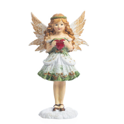 Decoratiune Craciun, Zana cu inimioara, alb cu verde, 14 cm