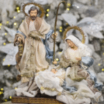 Decoratiune Craciun, Sceneta Sfanta Familie pe suport de lemn, albastru  45 cm - imagine 2