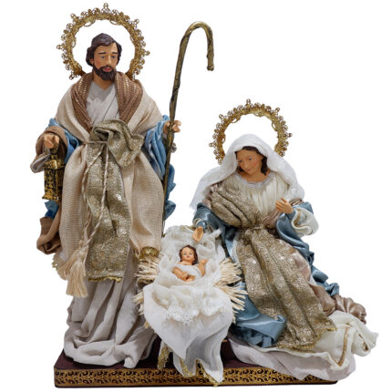 Decoratiune Craciun, Sceneta Sfanta Familie pe suport de lemn, albastru 45 cm