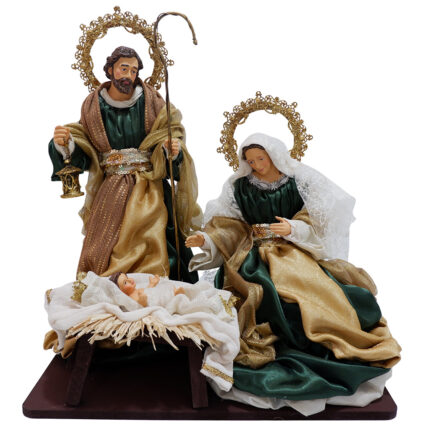 Decoratiune Craciun, Sceneta Sfanta Familie pe suport, verde cu auriu 35 cm