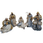 Decoratiune Craciun, Scena Nasterii 6 piese- 6 figurine, bej cu albastru, 35 cm