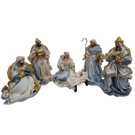 Decoratiune Craciun, Scena Nasterii 6 piese- 6 figurine, bej cu albastru, 35 cm