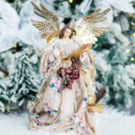 Decoratiune Craciun, Inger cu lira, bej cu auriu, 35 cm - imagine 3