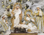 Decoratiune Craciun, Scena Nasterii 4 piese- 6 piese bej cu model floral, 36 cm - imagine 2