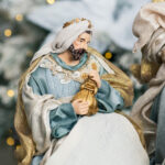 Decoratiune Craciun, Scena Nasterii 6 piese- 6 figurine, bej cu albastru, 35 cm - imagine 6