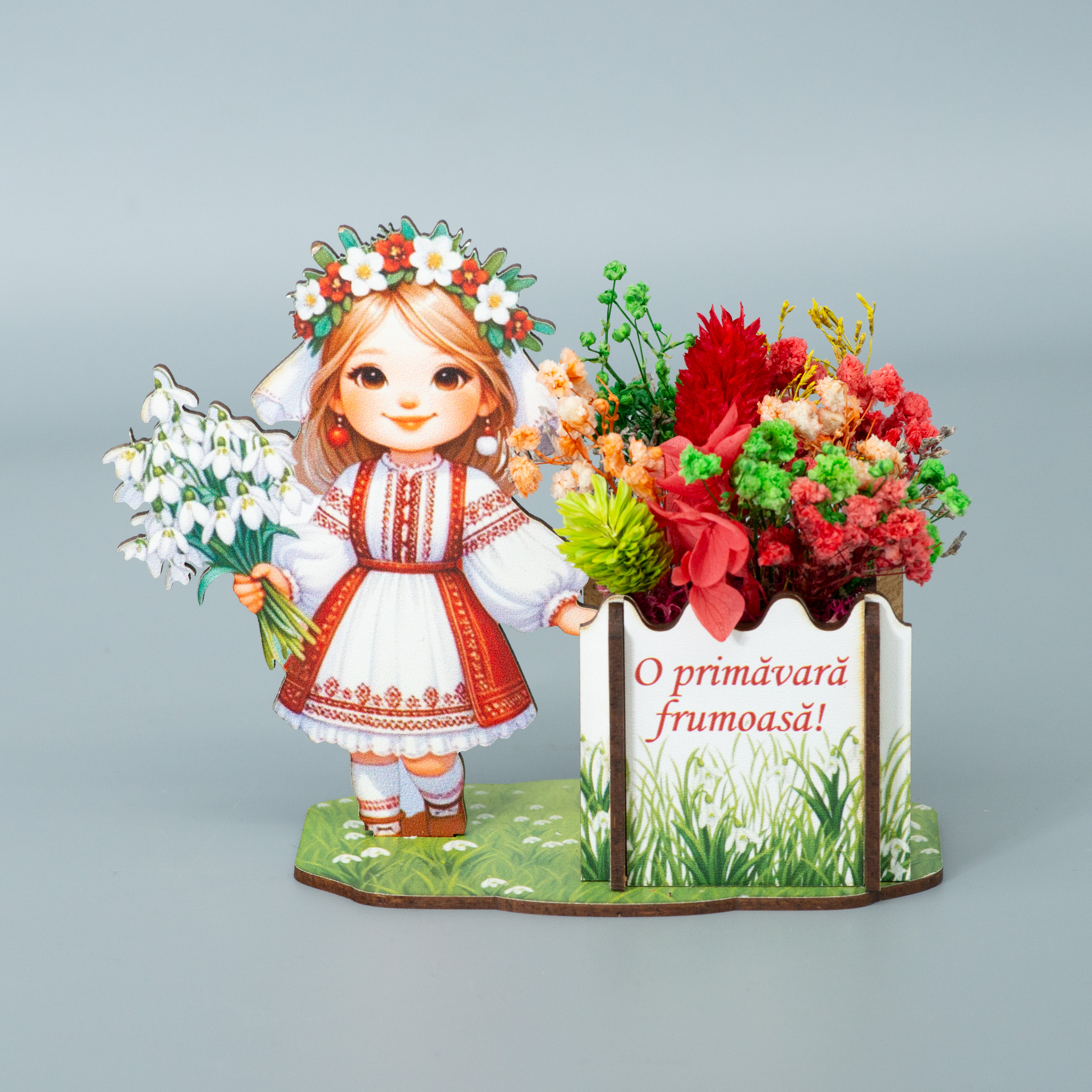 _EEE3226 Aranjament O primavara frumoasa Fetita, lemn si flori uscate - imagine 1