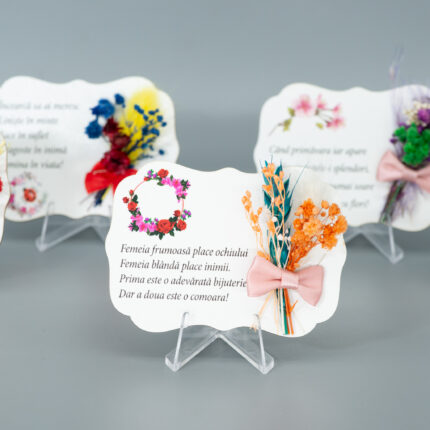 Martisor lemn cu magnet, Print UV si flori uscate