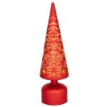 Decoratiune Craciun, bradut rosu din sticla cu led, 9*9*31 cm