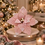 Decoratiune Craciun, Floare din catifea roz cu perlute, 29 cm - imagine 2