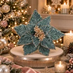 Decoratiune Craciun, Floare din catifea verde cu auriu, 22 cm - imagine 2