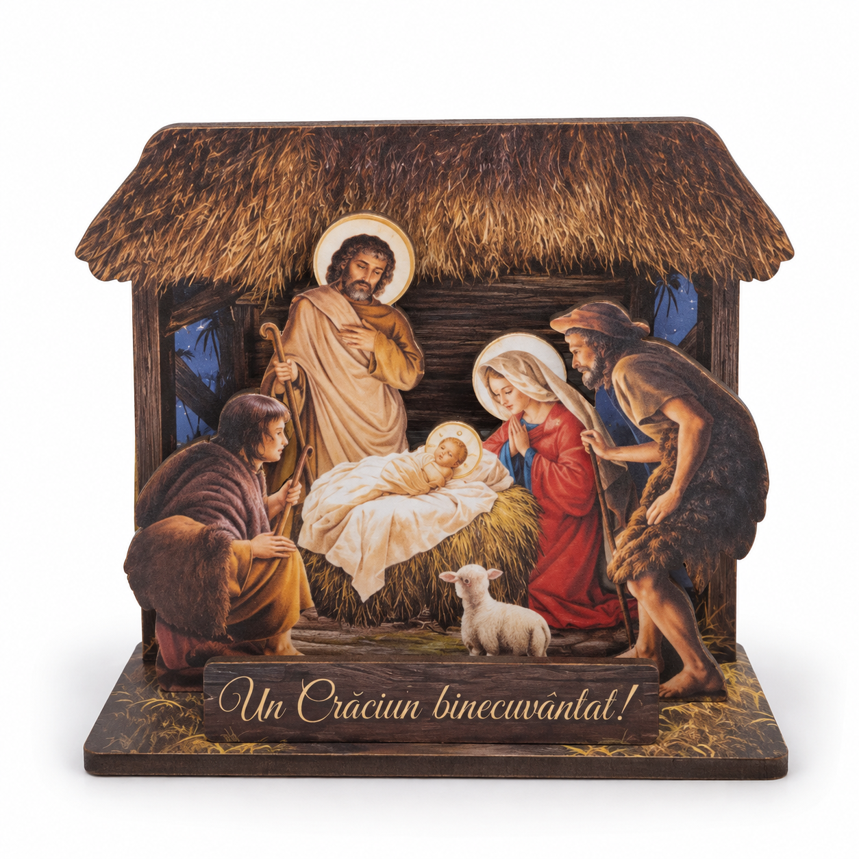0c16220e-9f54-44dd-8355-15f95e9f0434 Decorațiune de Crăciun Scena Nașterii Domnului, cu mesaj „Un Crăciun binecuvântat!”, 10 cm