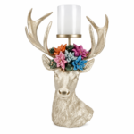 Decorațiune Crăciun Suport de lumânare alb cu cerb și flori, 43 cm