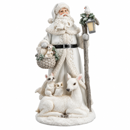 Decorațiune Moș Crăciun cu animalele pădurii, alb, 34 cm