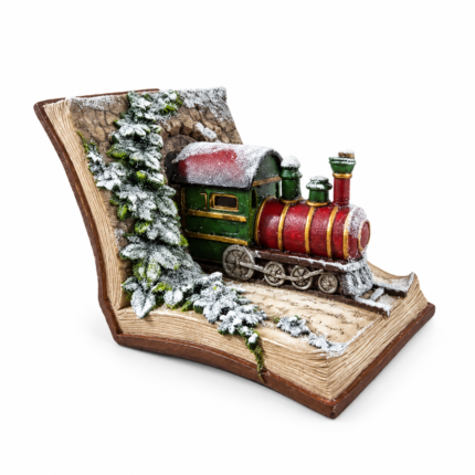 Decorațiune Crăciun Tren nins pe carte, roșu cu maro, 15 cm