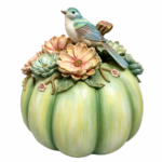 Decorațiune Dovleac verde cu flori și pasăre, 29 cm