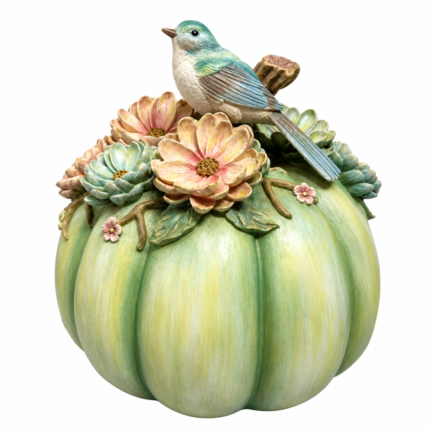 Decorațiune Dovleac verde cu flori și pasăre, 29 cm