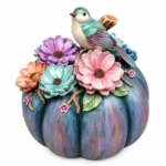 Decorațiune Dovleac mov cu flori și pasăre decorativă, 29 cm