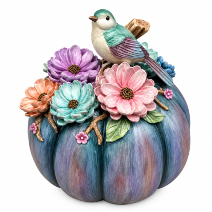Decorațiune Dovleac mov cu flori și pasăre decorativă, 29 cm