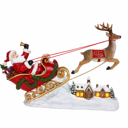 Decorațiune Crăciun Moș Crăciun cu sania și ren, 27 cm