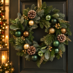 Decorațiune de Crăciun Coroniță verde cu globuri și conuri, 40 cm