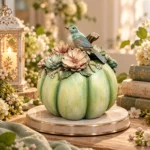 Decorațiune Dovleac verde cu flori și pasăre, 29 cm - imagine 3