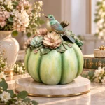 Decorațiune Dovleac verde cu flori și pasăre, 29 cm - imagine 2