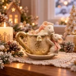 Decorațiune Crăciun Ceșcuță aurie cu șoricei, 8 cm - imagine 2