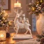 Decorațiune Crăciun Suport de lumânare Cerb Alb cu animăluțe 39 cm - imagine 2