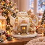 Decorațiune Crăciun Căsuța șoriceilor, alb cu bej, 12 cm - imagine 2
