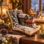 Decorațiune Crăciun Tren nins pe carte, roșu cu maro, 15 cm - imagine 2
