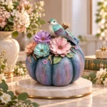 Decorațiune Dovleac mov cu flori și pasăre decorativă, 29 cm - imagine 2
