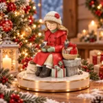 Decorațiune Crăciun Fetiță pe bancă cu păsărele și cadouri, 18 cm - imagine 2